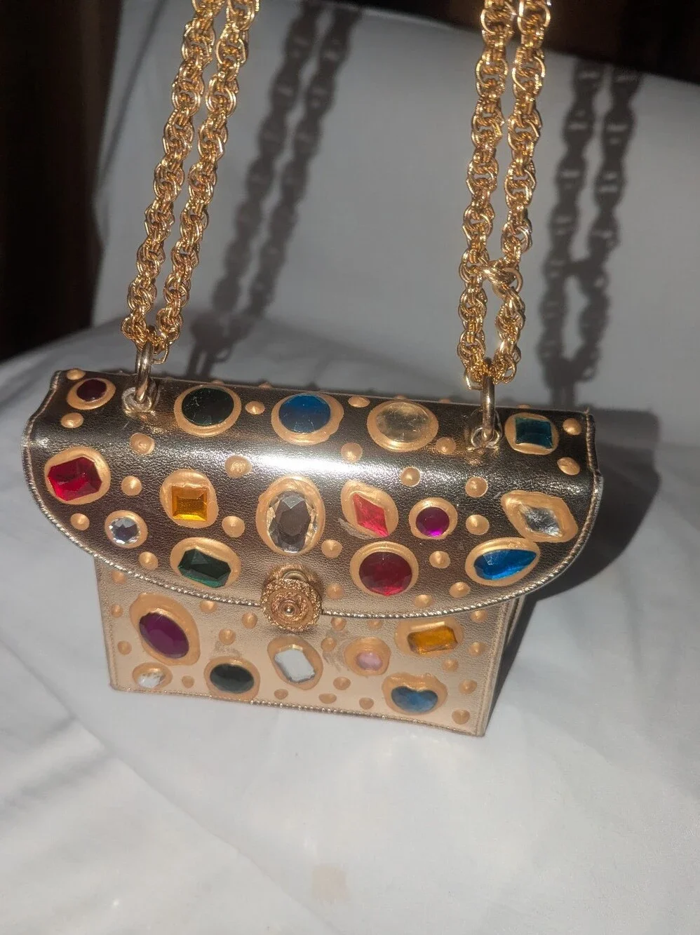 Vintage Meyers Gold Jeweled Metallic Crossbody with Multicolor Gem Accents